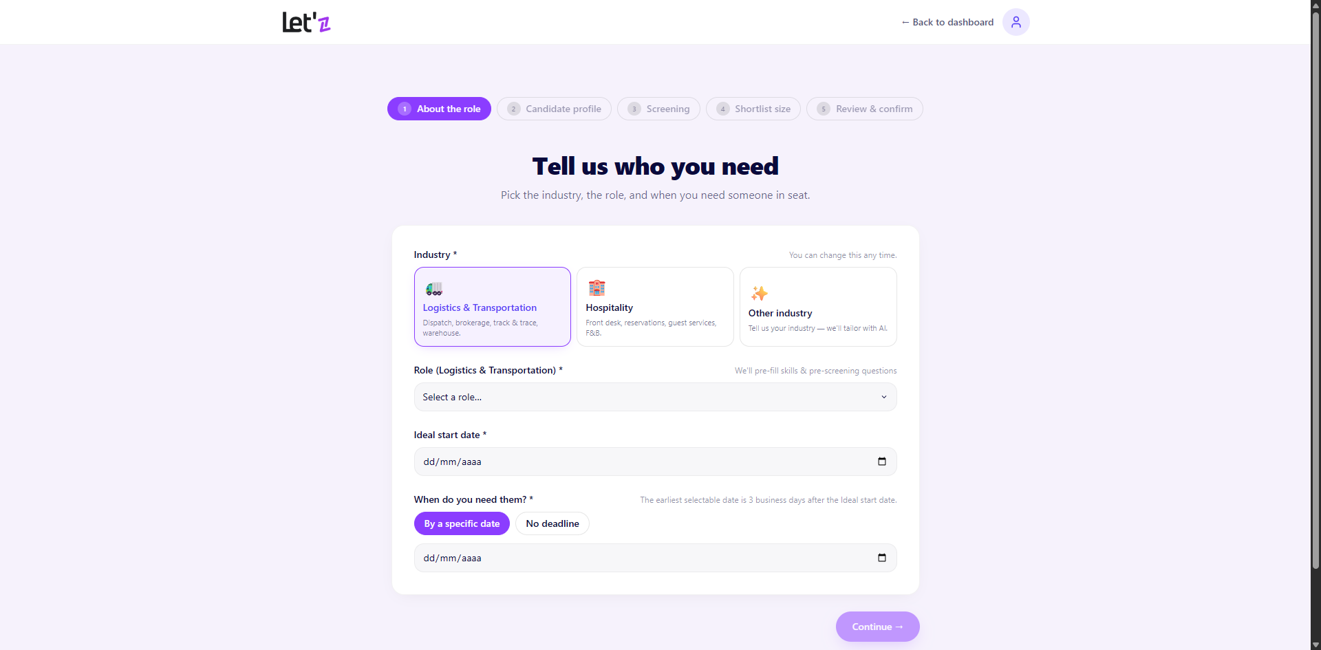 Configure your search — About the role screen